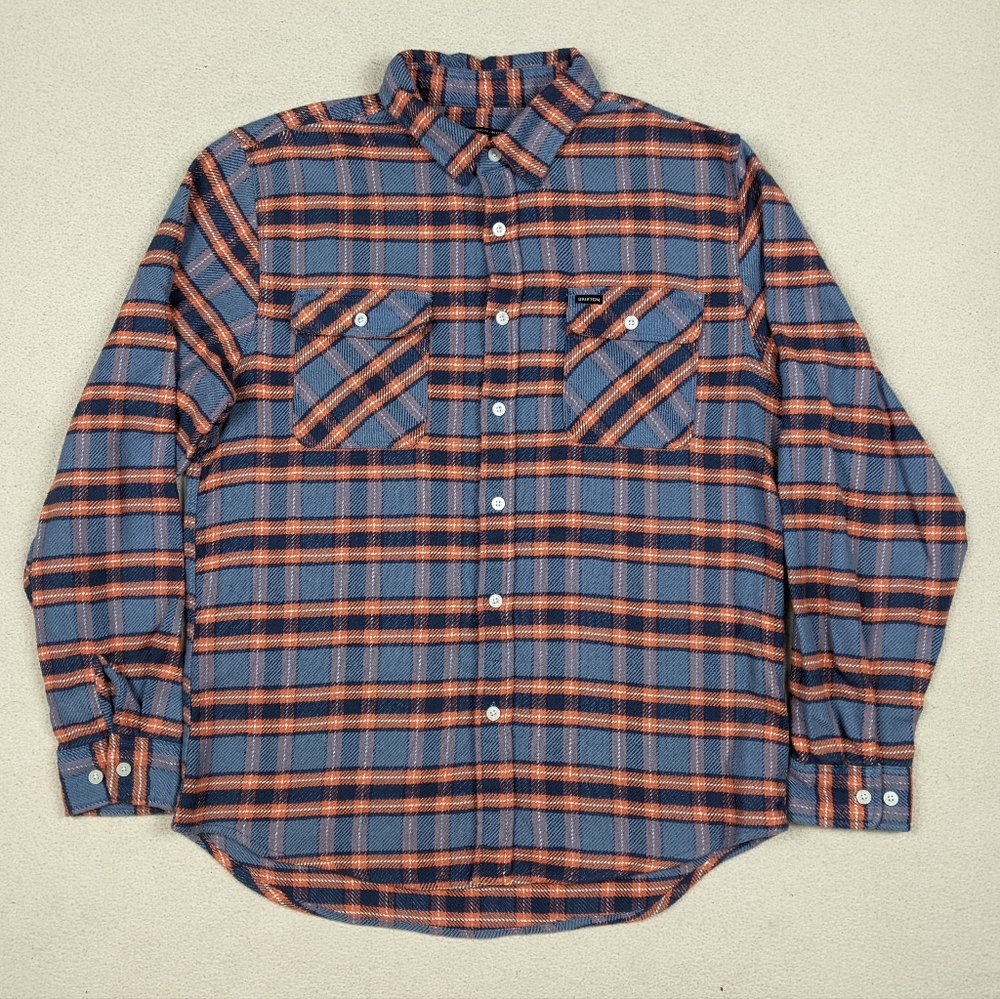 Brixton Bowery Long Sleeve Flannel Button Up Shirt Standard Fit Orange/Blue Sz L